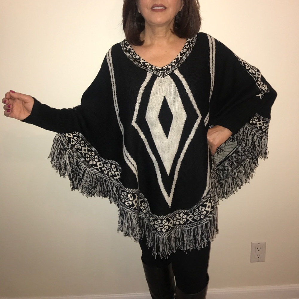 Black & White Aztec Print Poncho Sweater